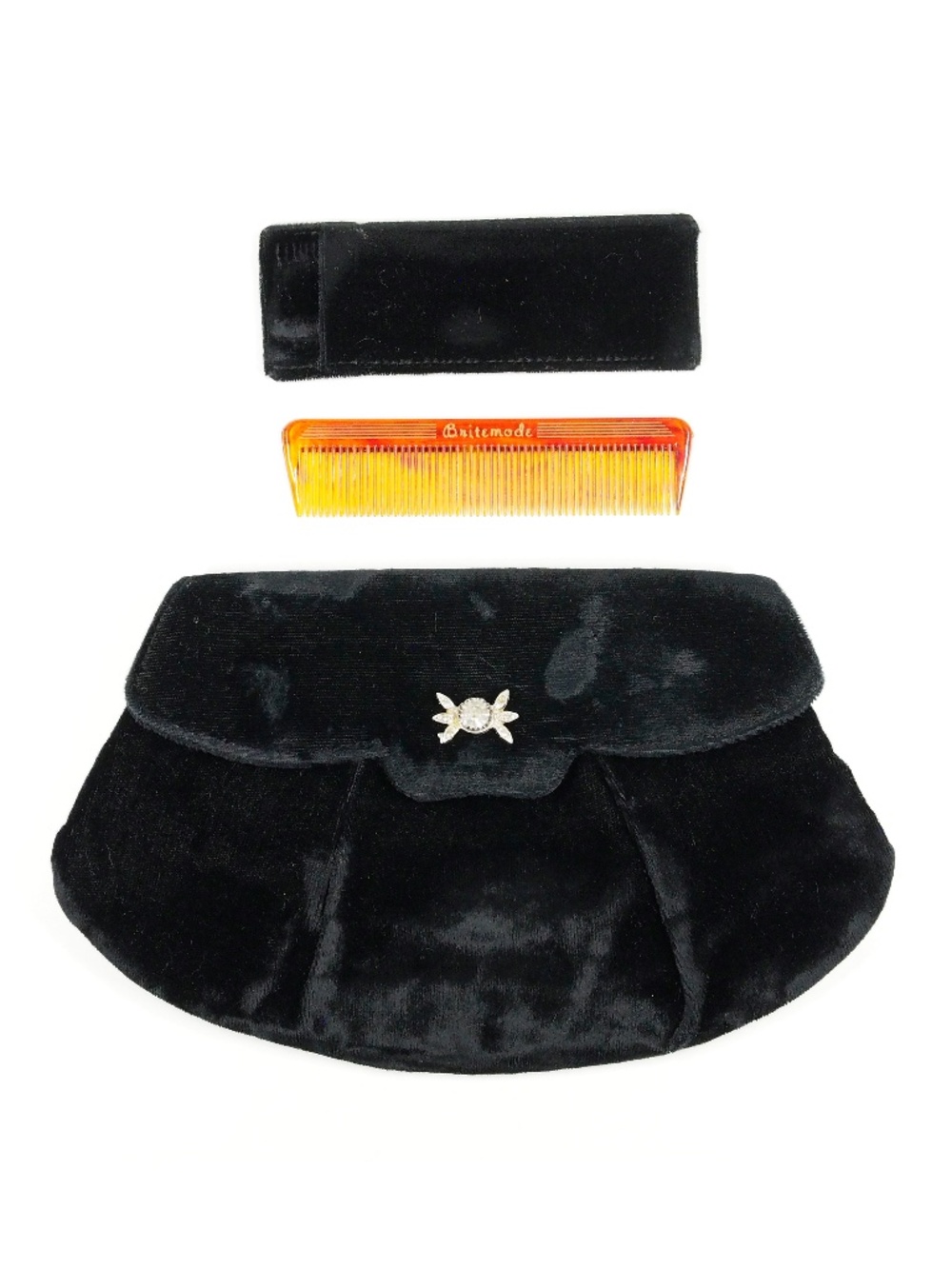 SET Black Velvet Clutch Matching Comb and Case Vintage 50s Britemode Rhinestone